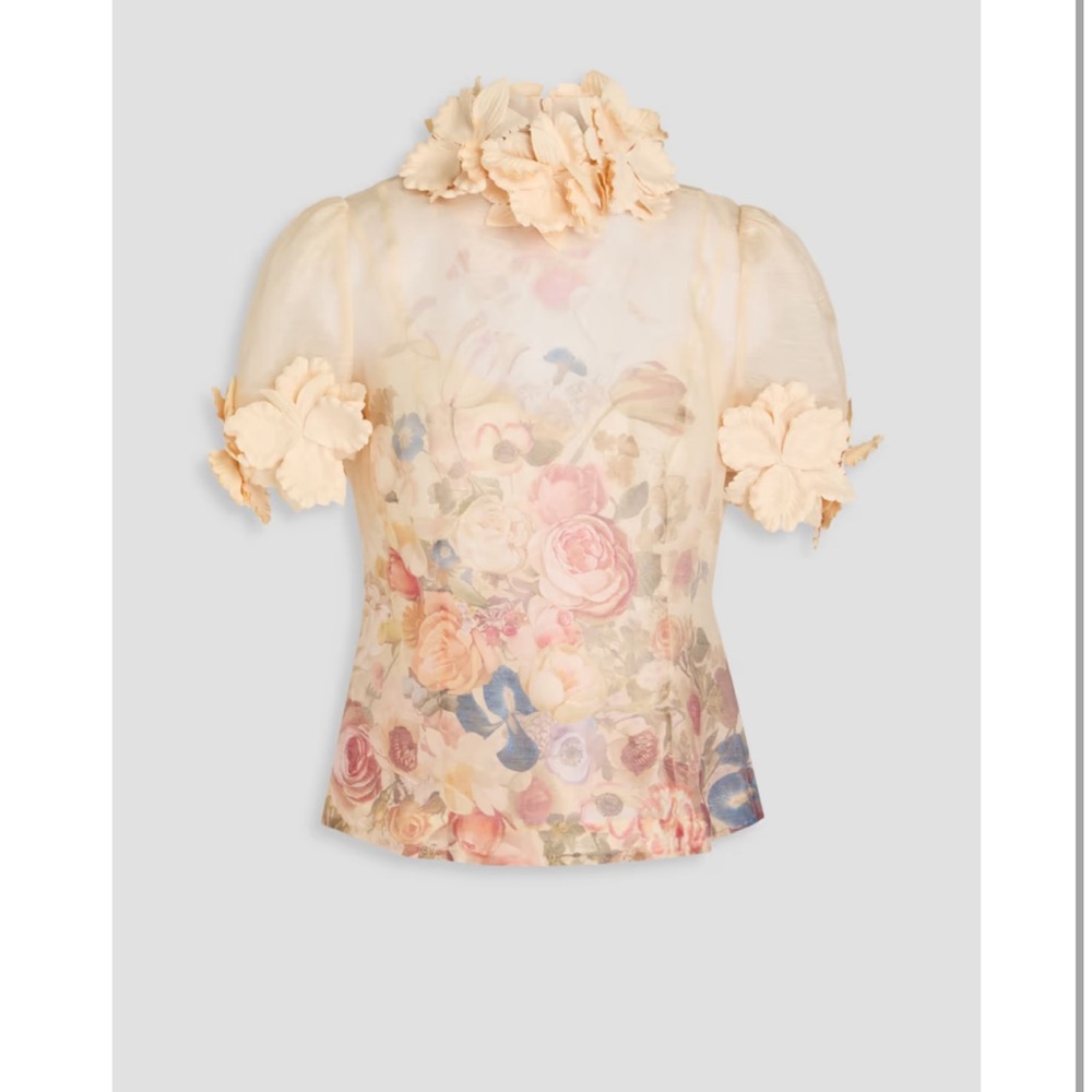 ZIMMERMANN Floral Appliqué Linen & Silk Blend Blouse Top